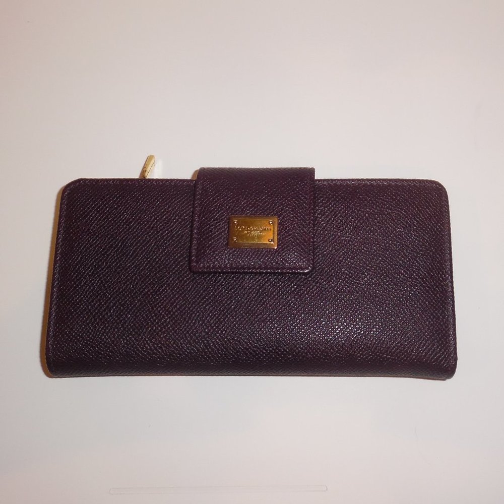 Dolce & Gabbana Saffiano Leather Logo Plaque Trifold Wallet Eggplant Cardholder